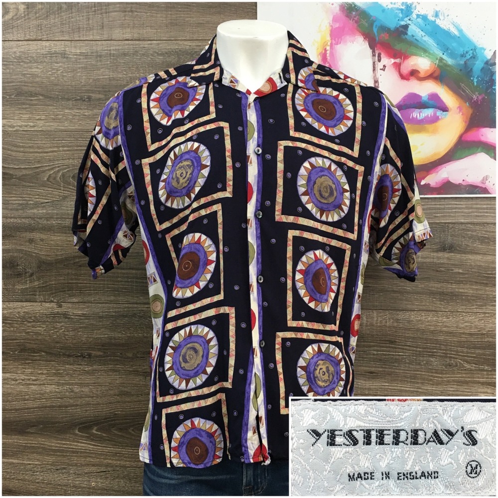 Yesterday's Vintage Mens Viscose Button Down Shirt Navy Purple Sunburst Made UK